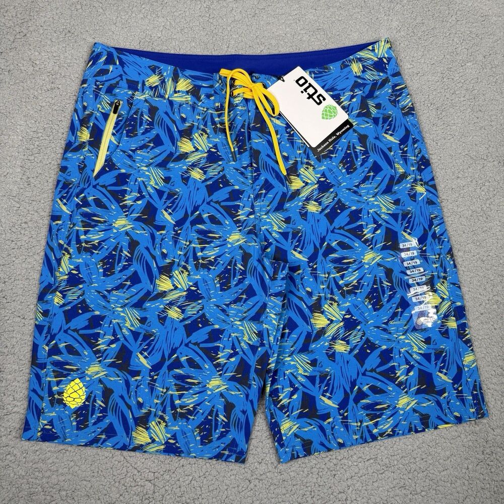 Stio CFS Board Short Mens 34 Blue Floral 19" Swim Hike Stretch Quick Dry UPF New